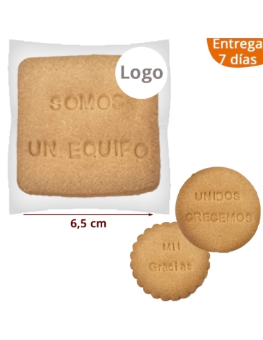 Galleta personalizada con frase marcada y etiqueta logo