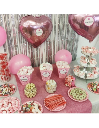 Mesa de Chuches Rosa para Fiesta personalizada con etiqueta