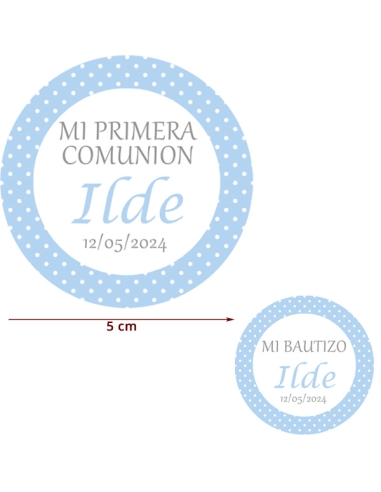 Etiqueta 5cm Azul Topos Comunión o Bautizo Personalizada