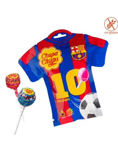 12 Bolsitas forma Camiseta Barça con 10 Chupa Chups de fresa y cola