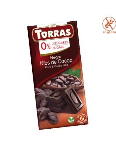 Tableta de Chocolate Negro Sin Azúcar con Nibs de Cacao 75gr Torras