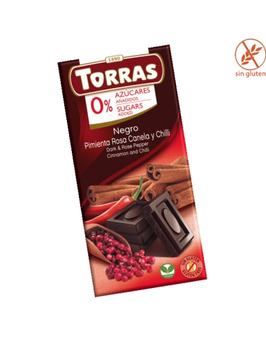 Tableta Chocolate Negro con Pimienta Rosa, Chili y Canela sin azúcar 75Gr Torras